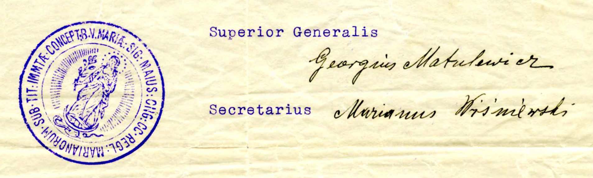 Great Seal of the Congregation of Marian Fathers affixed on the document signed by Bl. George Matulitis-Matulewicz, on July 9, 1913 in Fribourg.